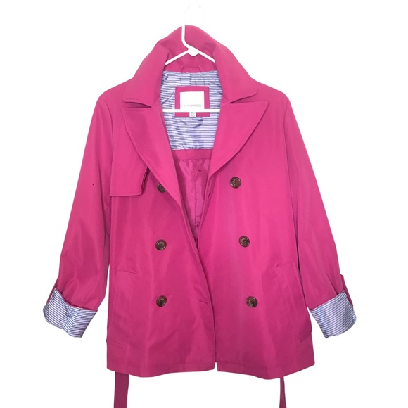 New Bright Pink Double-Breasted Trench Coat w/ Striped Lining – Women’s Small - Picture 3 of 12